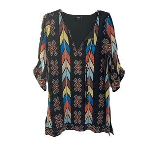 TOLANI Womens Kamaya Aztec‎ Embroidered Tassel Boho Long Tunic Blouse Small